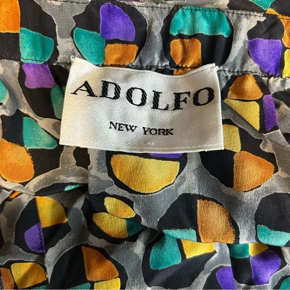 Vintage Adolfo Saks Fifth Avenue Pleated Silk Skirt Grey Gold Teal Dots Small - Picture 9 of 10